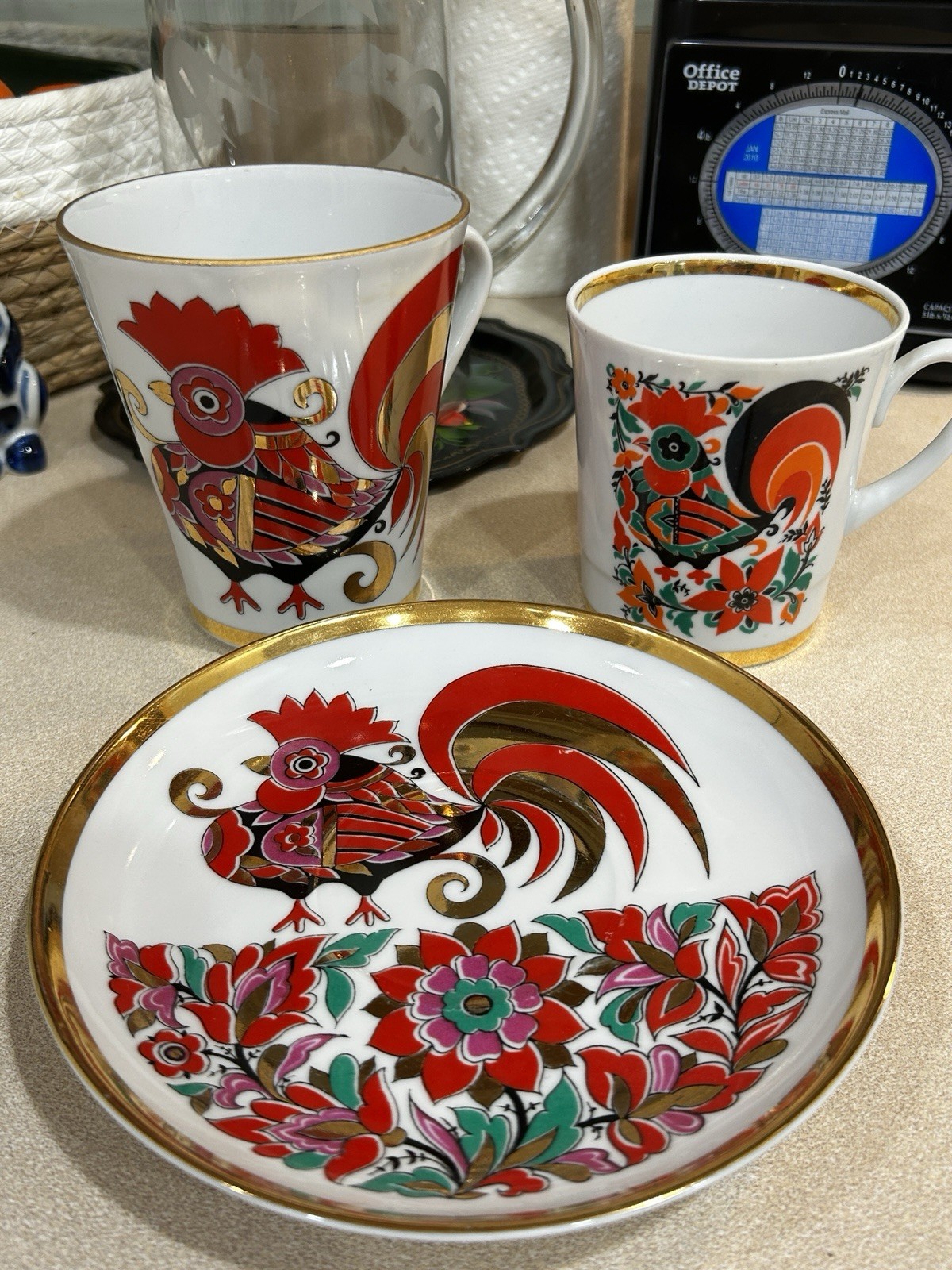 Vintage Lomonosov LFZ Red Rooster Porcelain Mug Saucer Set & Extra Cup USSR