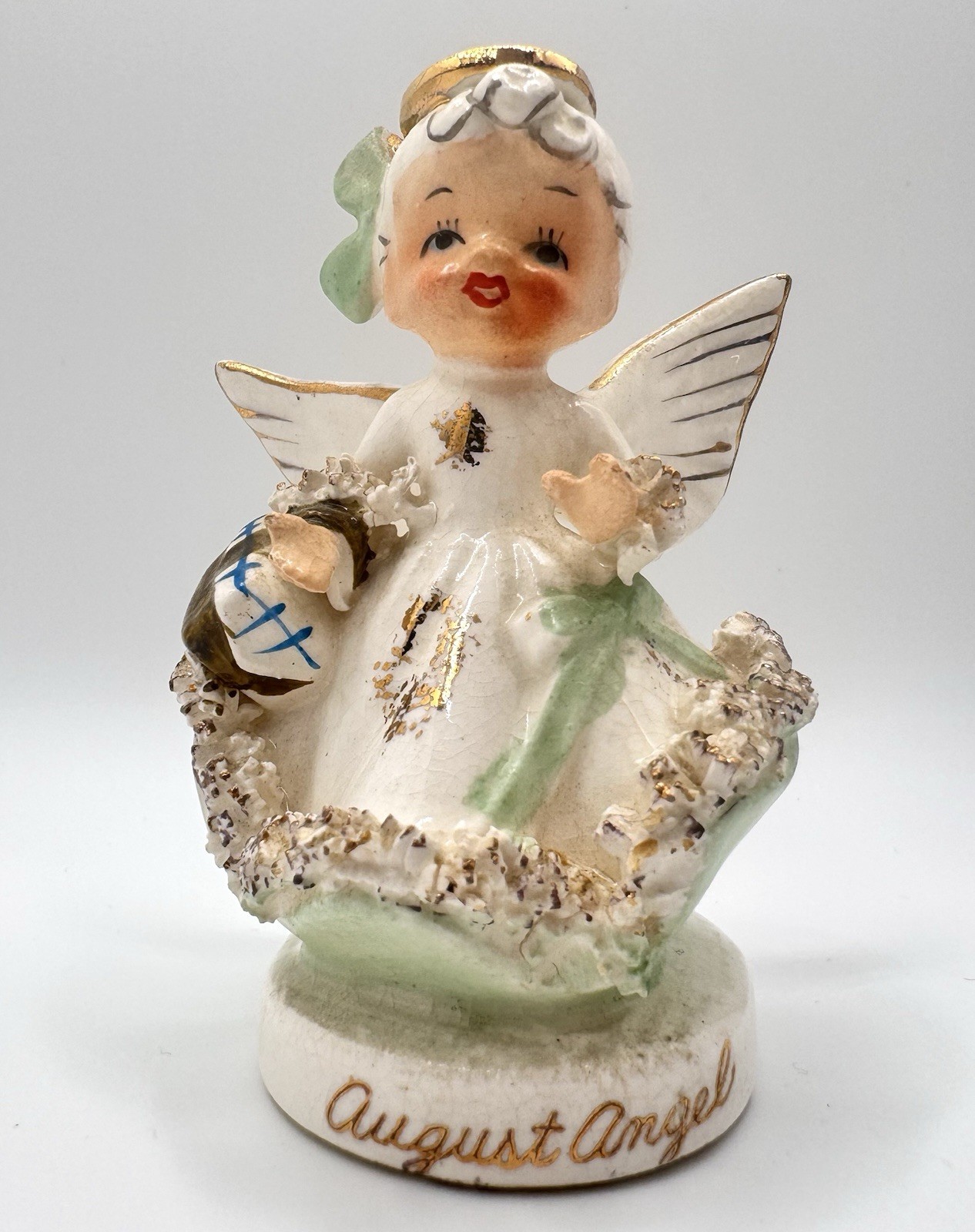 August Girl Birthday Month Angel Figurine A4307 Spaghetti & Gold Accents 1950s