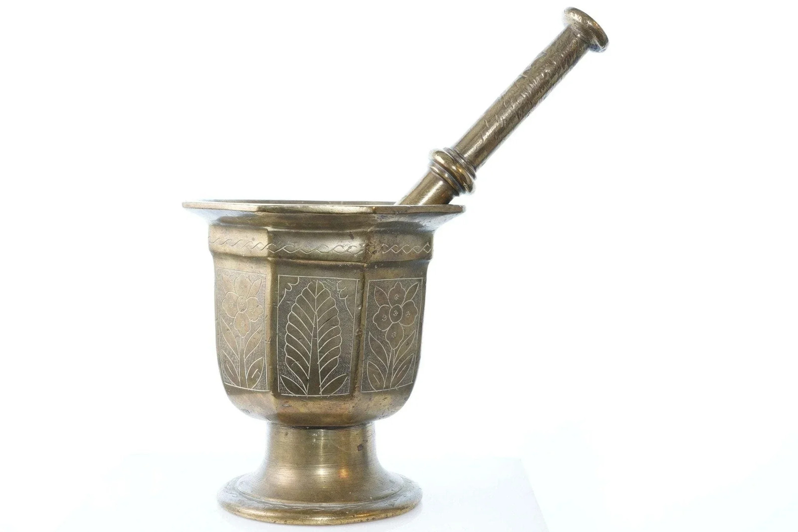 Large Early Antique Ornate Brass Mortar and Pestle
