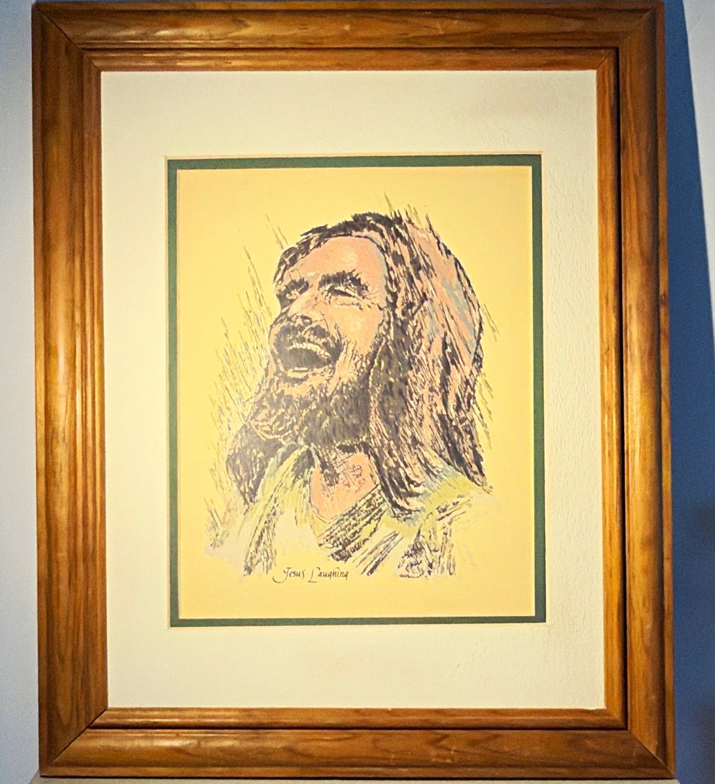 Vintage Jesus Laughing Framed Christian Art Print, 18x14, solid wood frame