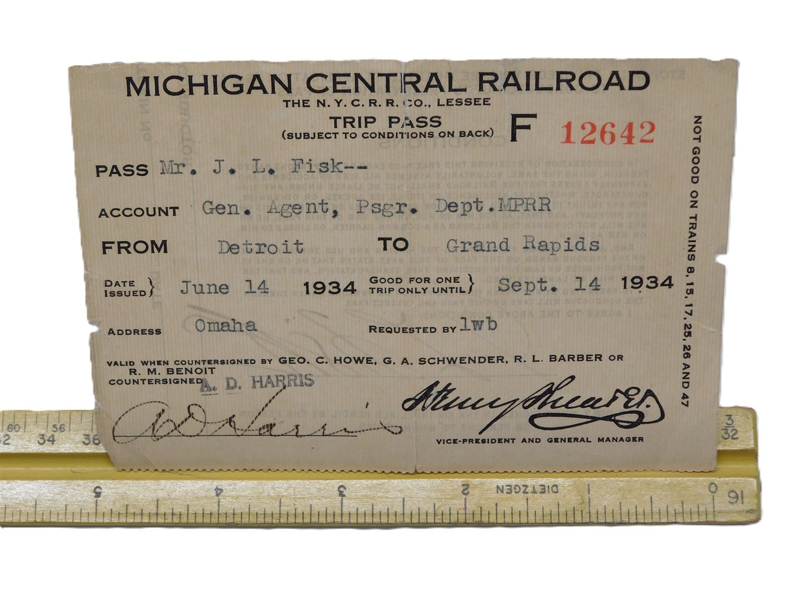 1934 Michigan Central Railroad Trip Pass #12642