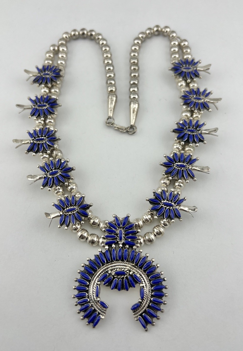 Vtg Zuni Navajo Sterling Silver Needlepoint Lapis Lazuli Squash Blossom Necklace