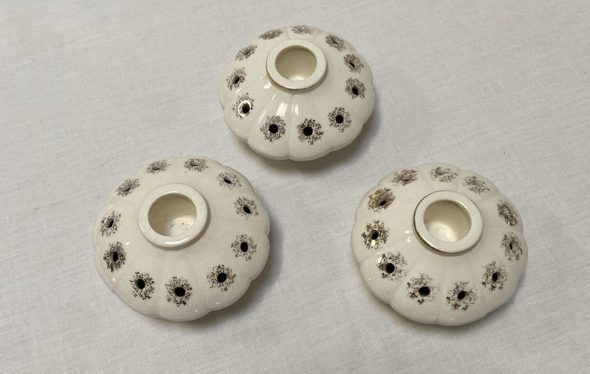 Vtg MCM 3 Napco Ceramic Candle Stick Holder Taper Bubble Ivory Gold Painted Core