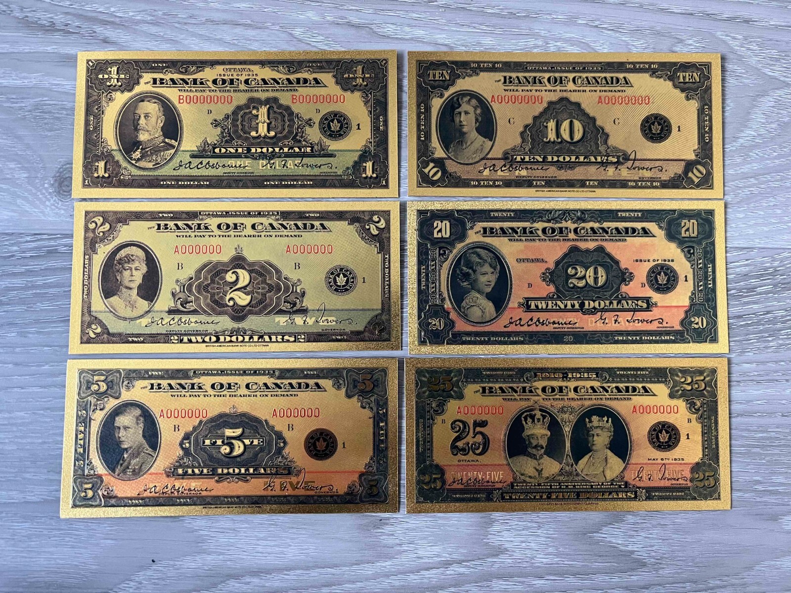 Gold Foil Note Set- Canada 1935 Series - 6 Notes $1, $2, $5, $10, $20 & $25