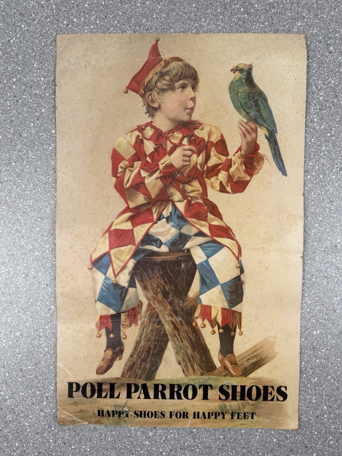 Vintage Poll Parrot Shoes Store Advertising Display Sign Poster Harlequin Jester
