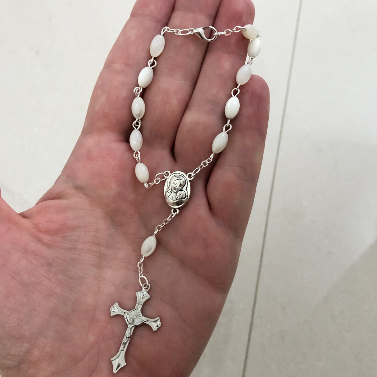Auto Car Rearview Mirror Rosary Pearl Beads, Jerusalem Holy Soil Medal & Cross Auto Car Rearview Mirror Rosary Pearl Beads, Jerusalem Holy Soil Medal & Cross