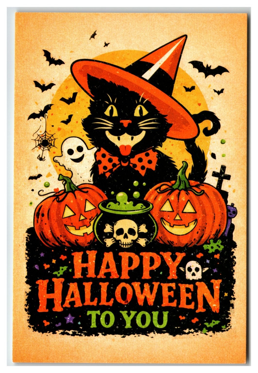Vintage Style Happy Halloween Black Cat Witch Hat Pumpkins Postcard
