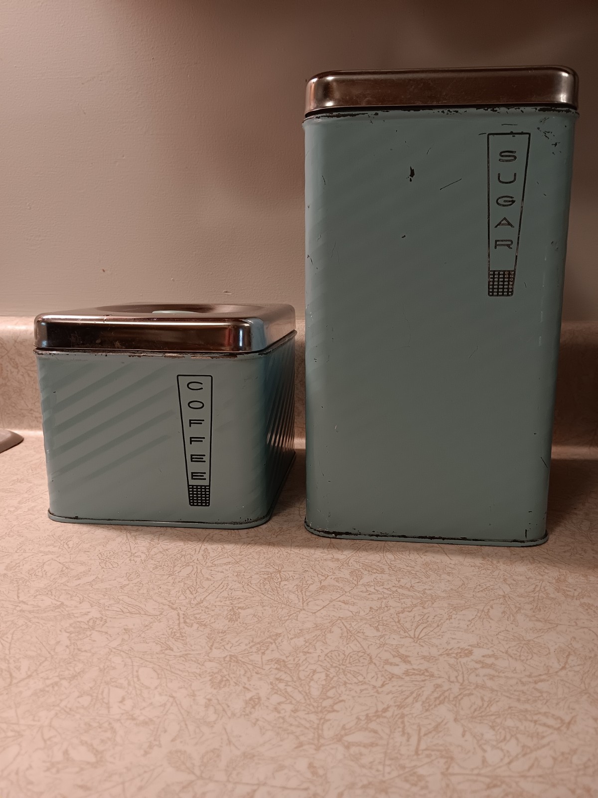Vintage MCM Chrome & Turquoise Metal Canisters  with Lids