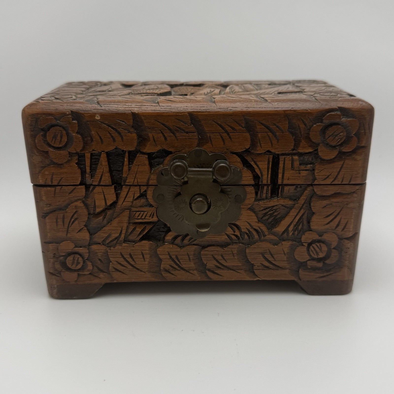 Vintage Handcrafted Camphor Wooden Chest Jewelry Box w/Brass Tone Swing Latch