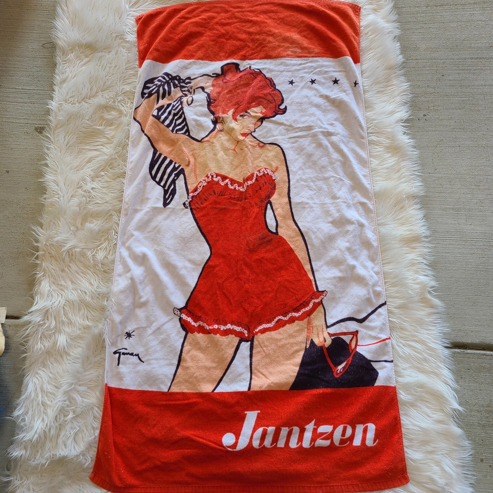 Vintage Jantzen Beach Towel Pinup 50's Rene Gruau Redhead Retro Swimwear Wrap