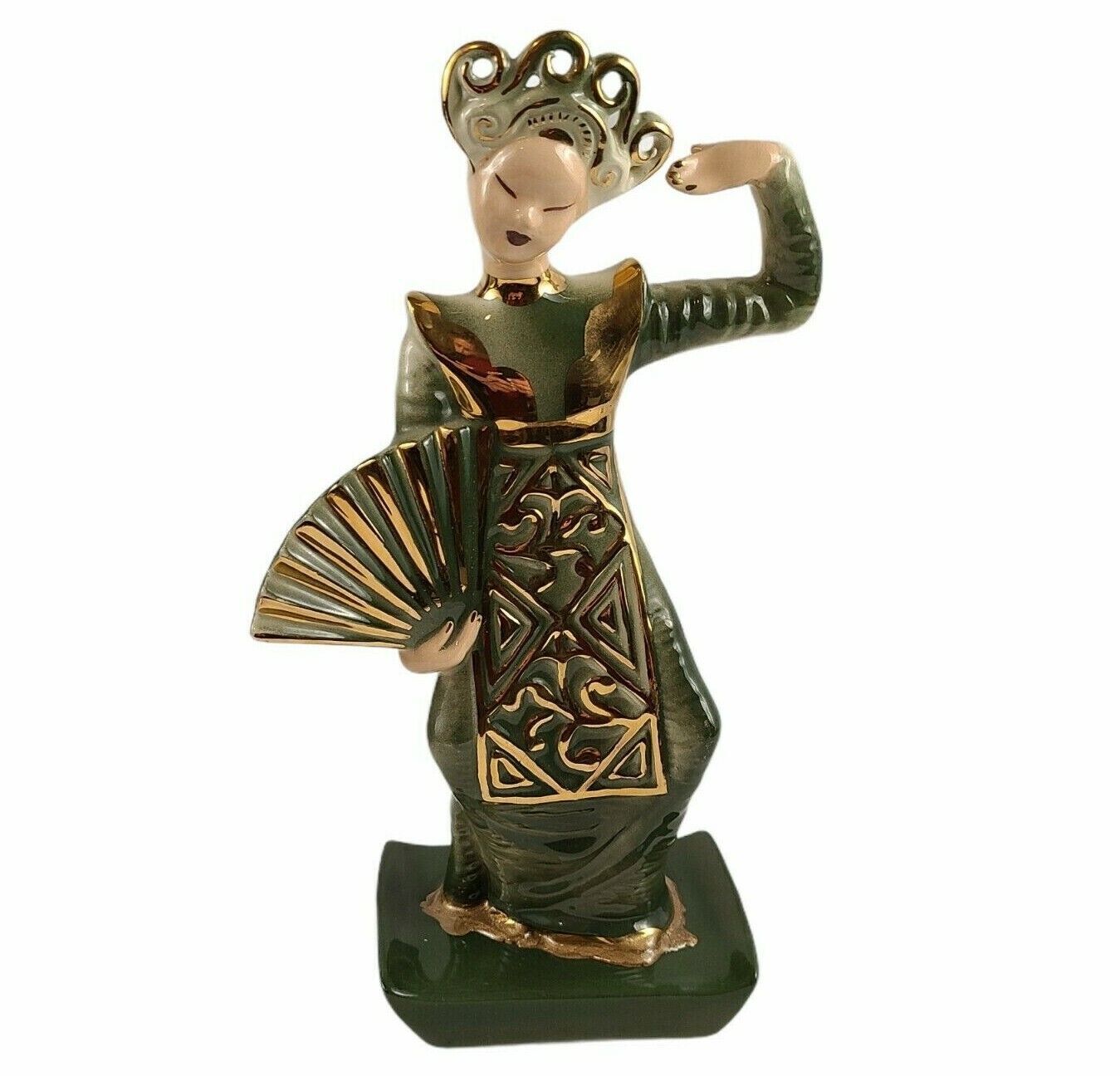 Vintage Hedi Schoop California Pottery Oriental Thai Fan Dancer Green Gold Vase