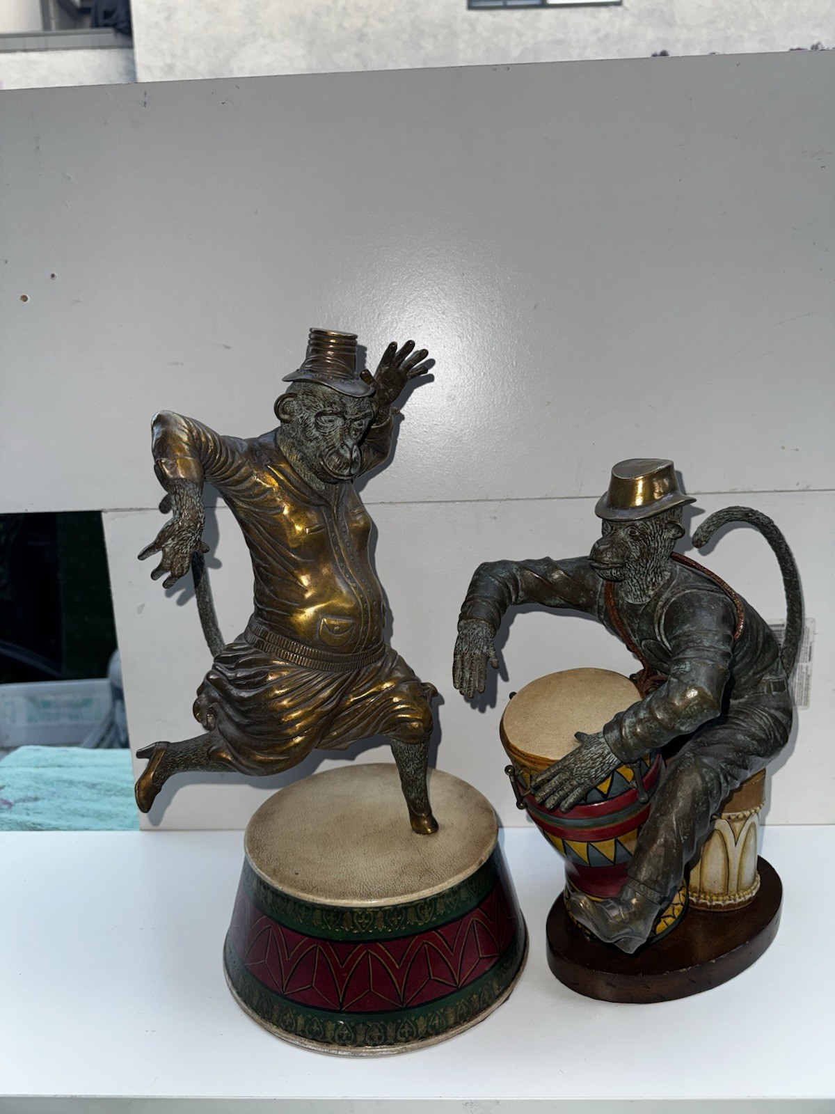 Maitland-Smith Handmade Brass Bronzed Monkey Figurines Set of 2 Dancer & Drummer