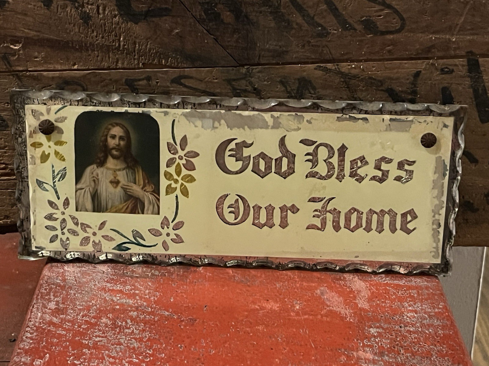 Vtg Scalloped Chippy Edge Reverse Painted Mirror God Bless Our Home Sign w Jesus