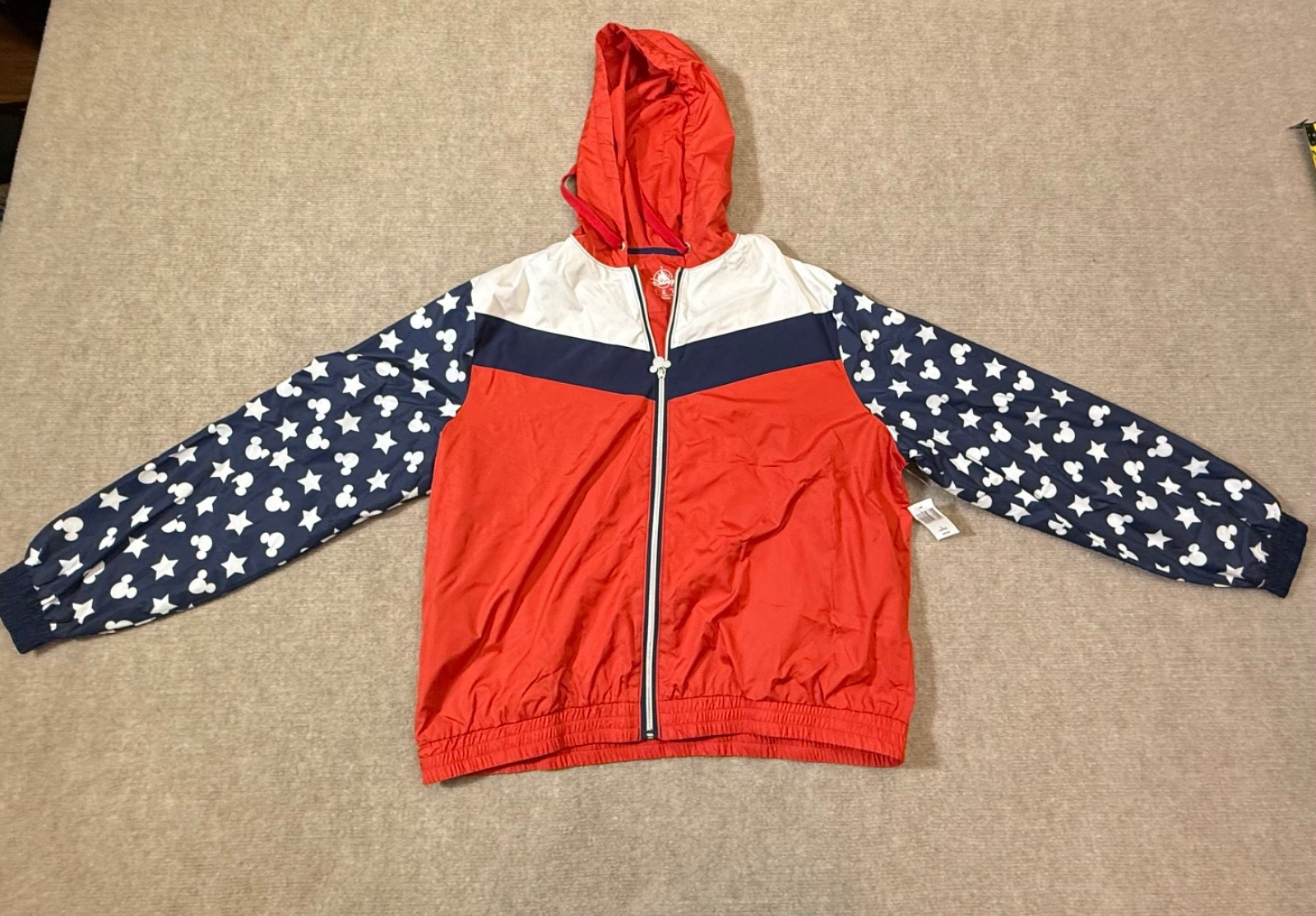 Disney Women Rain Jacket L Red White Blue Hood Full Zip Pockets Retro NWT Disney Women Rain Jacket L Red White Blue Hood Full Zip Pockets Retro NWT