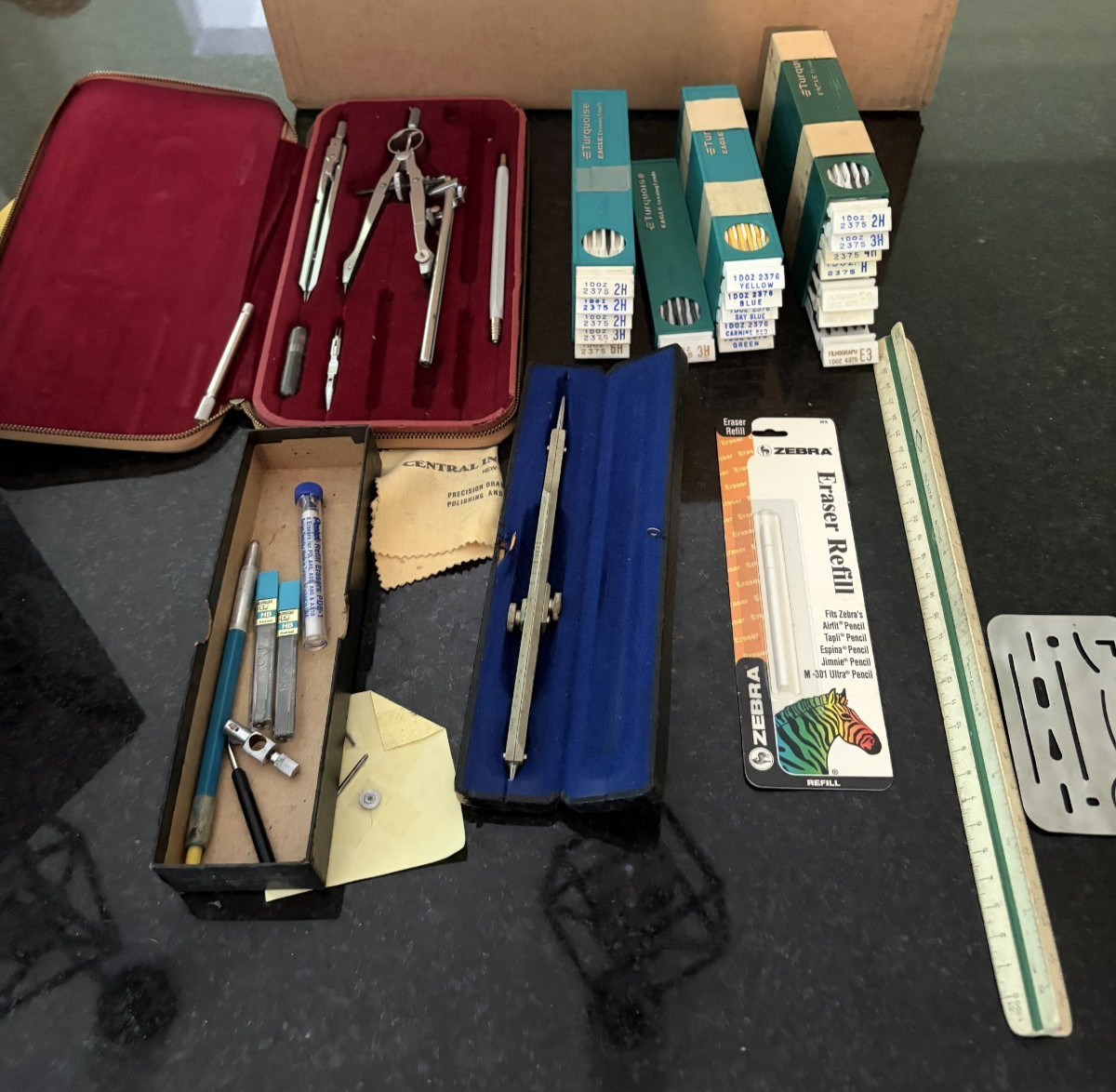 Vintage Drafting Tool Lot Germany Compass Set Eagle Turquoise Leads Beam Compass