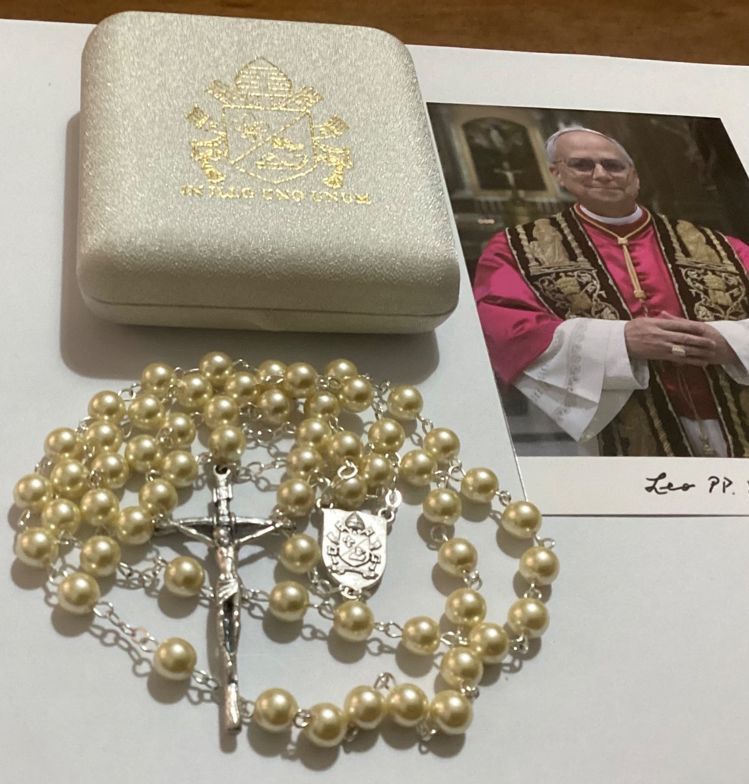 Rare Official Gold-Tone Mother-of-Pearl Rosary Pontificate Pope Leo XIV