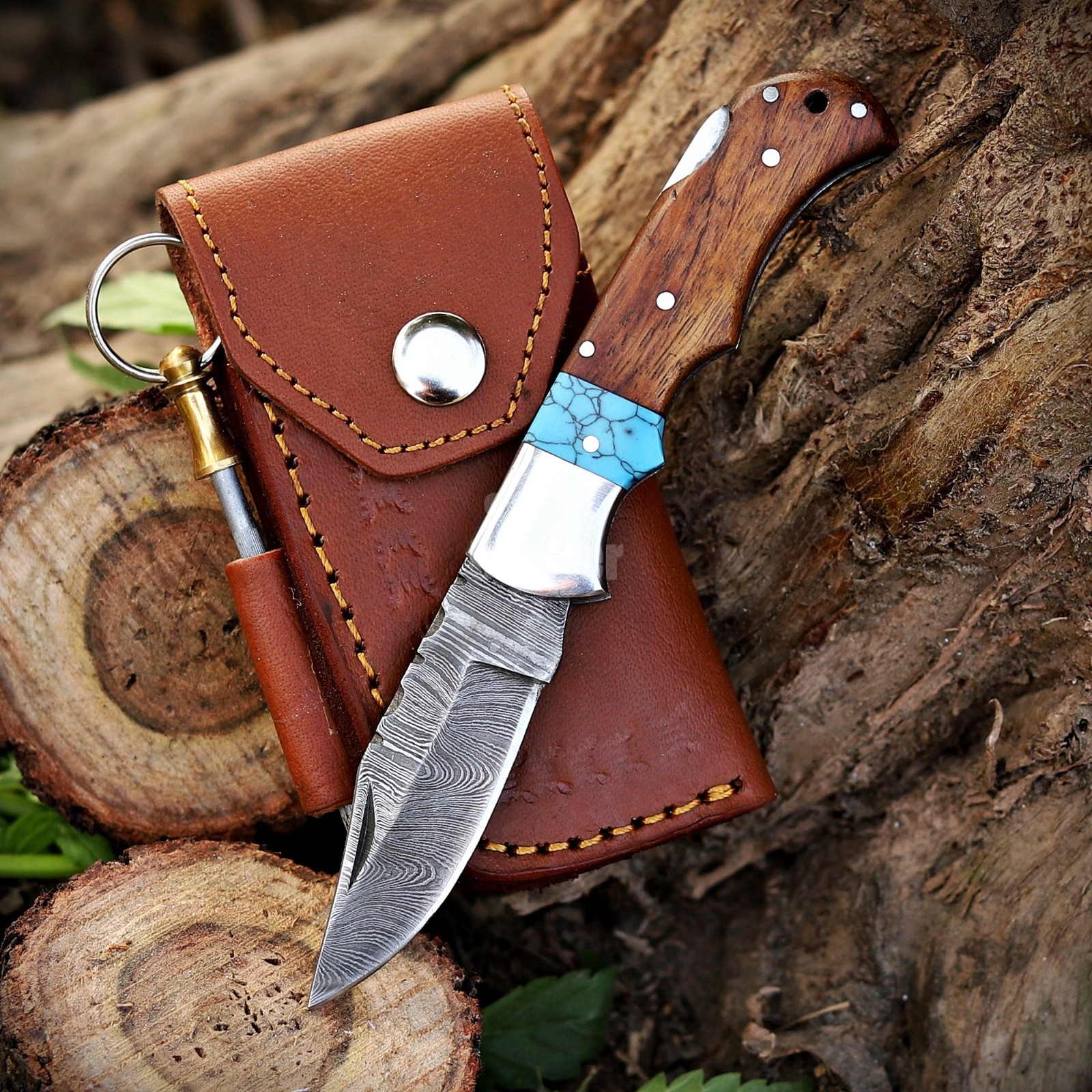 Handmade Damascus Pocket Knife Rosewood Turquoise Handle Leather Sheath sharpene Handmade Damascus Pocket Knife Rosewood Turquoise Handle Leather Sheath sharpene