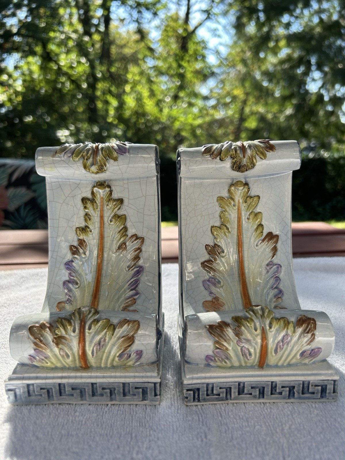 Stunning HTF Vintage Italian Majolica Acanthus Brackets Shelves Greek Key