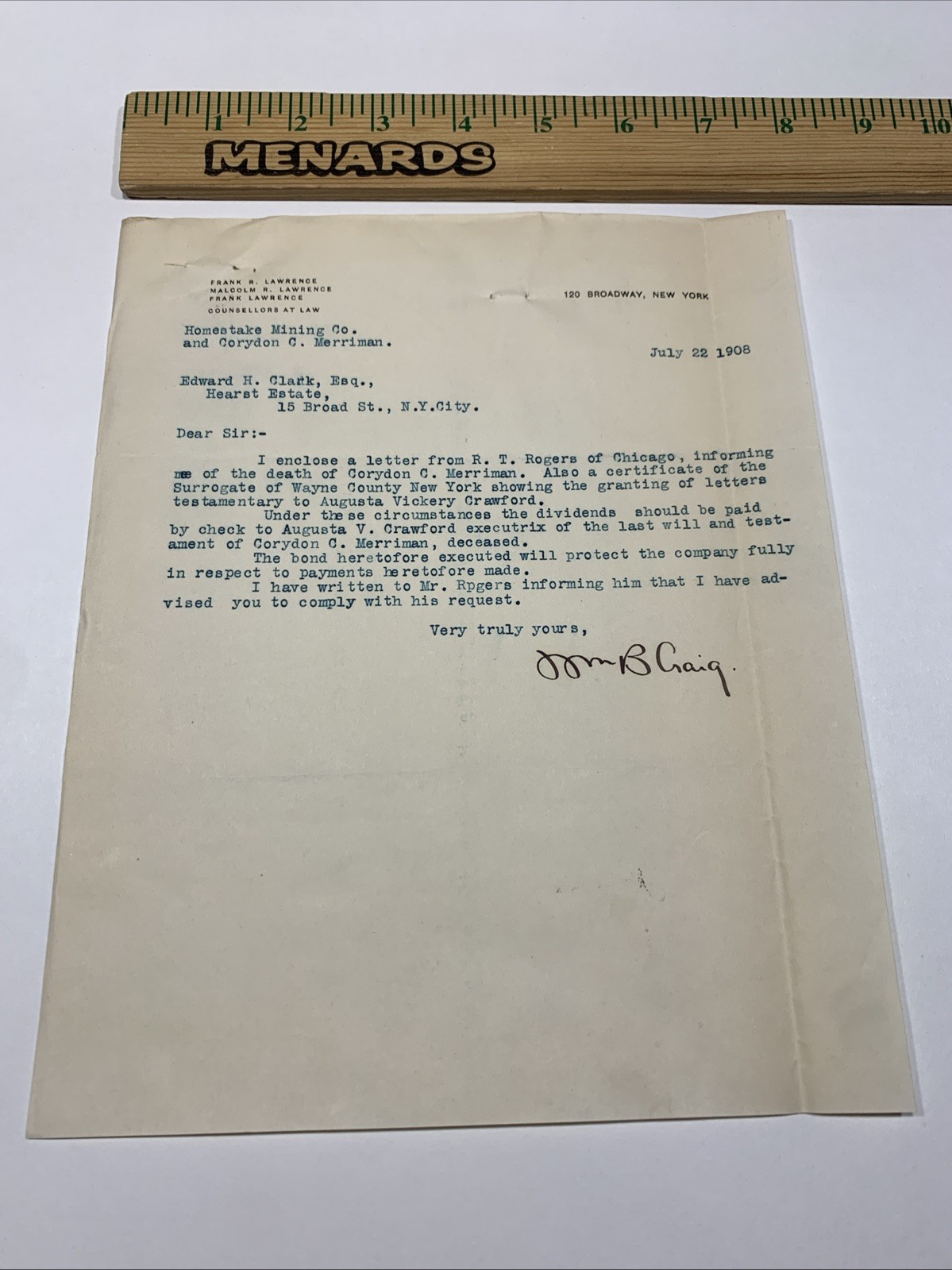 1908 Homestake Mining Co Letter Hearst Estate Dividend Probate NY Law Lead SD
