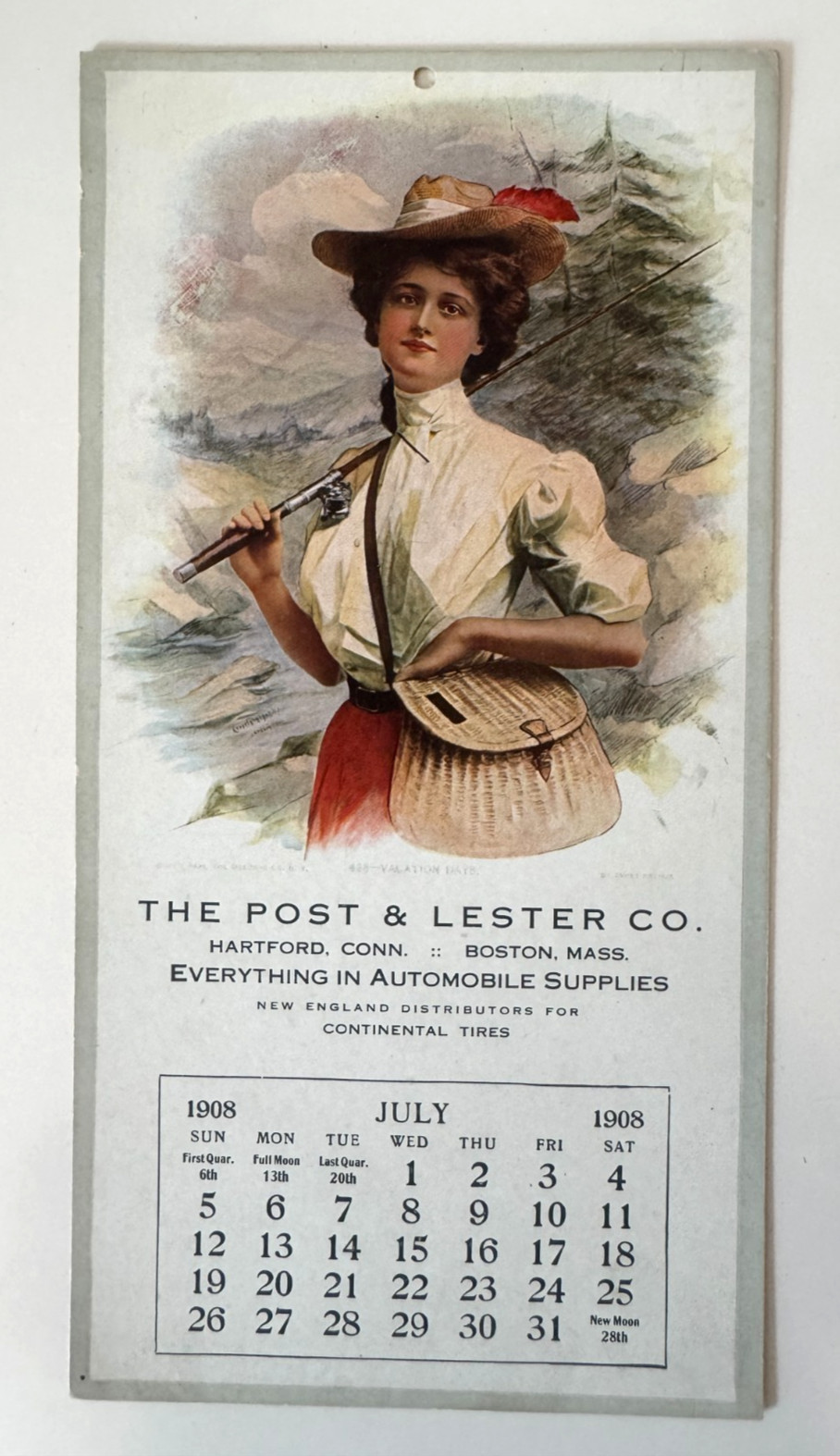 July 1908 Advertising Calendar Post & Lester Automobile Supplies Hartford woman