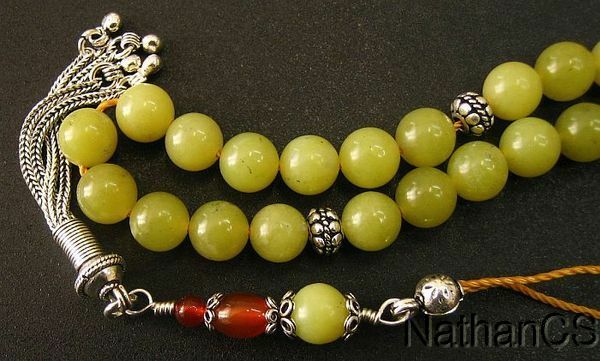 Greek Komboloi Olive Yellow Jade, Carnelian & Sterling Silver