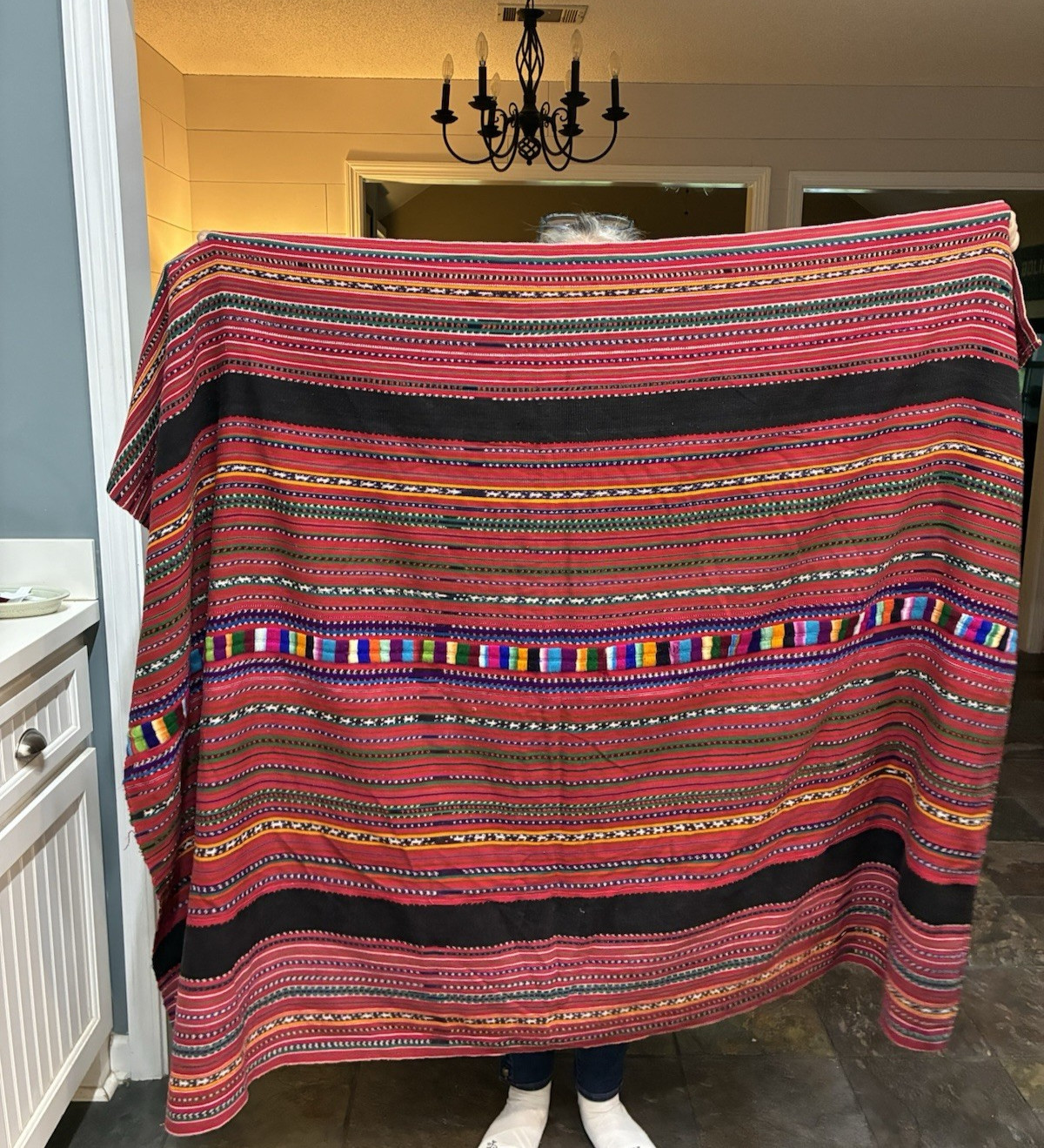 Vintage Guatemalan Mayan Handwoven Textile Tablecloth Red Stripes 65x48