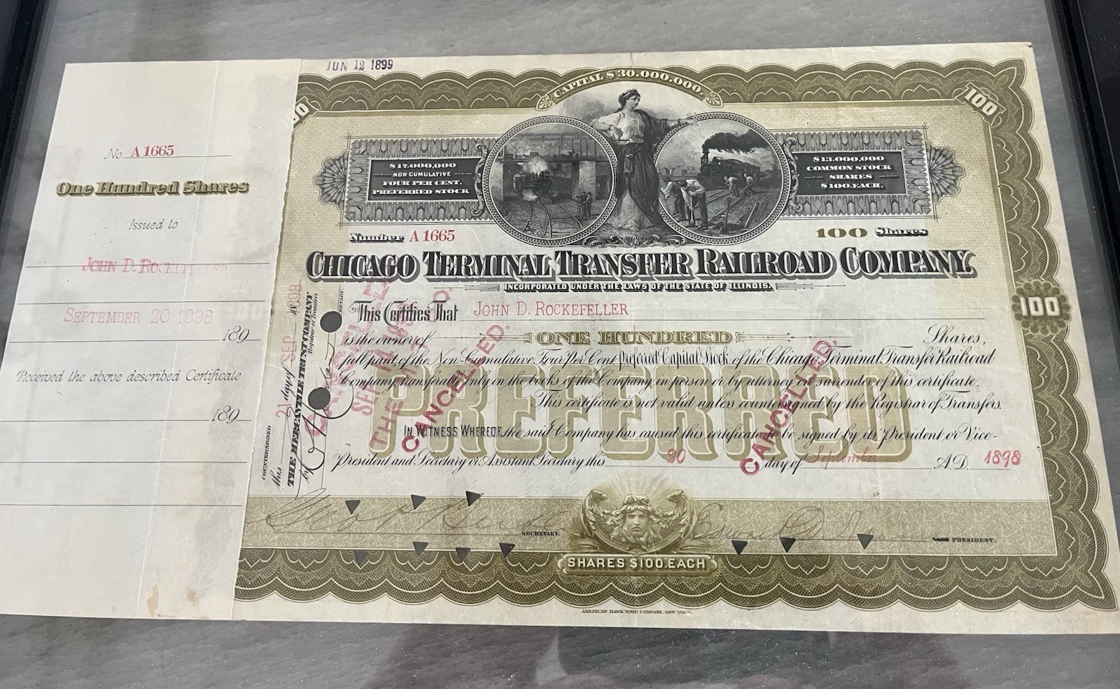 1898 Chicago Terminal Railroad Stock Certificate signed by John D Rockefeller