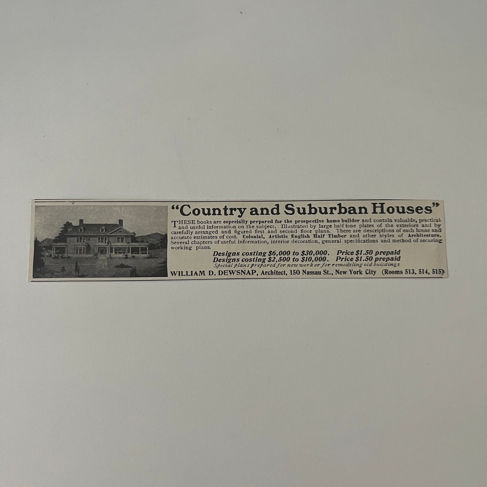 Country & Suburban Homes William D. Dewsnap New York NY 1908 Magazine Ad SAH1-H1