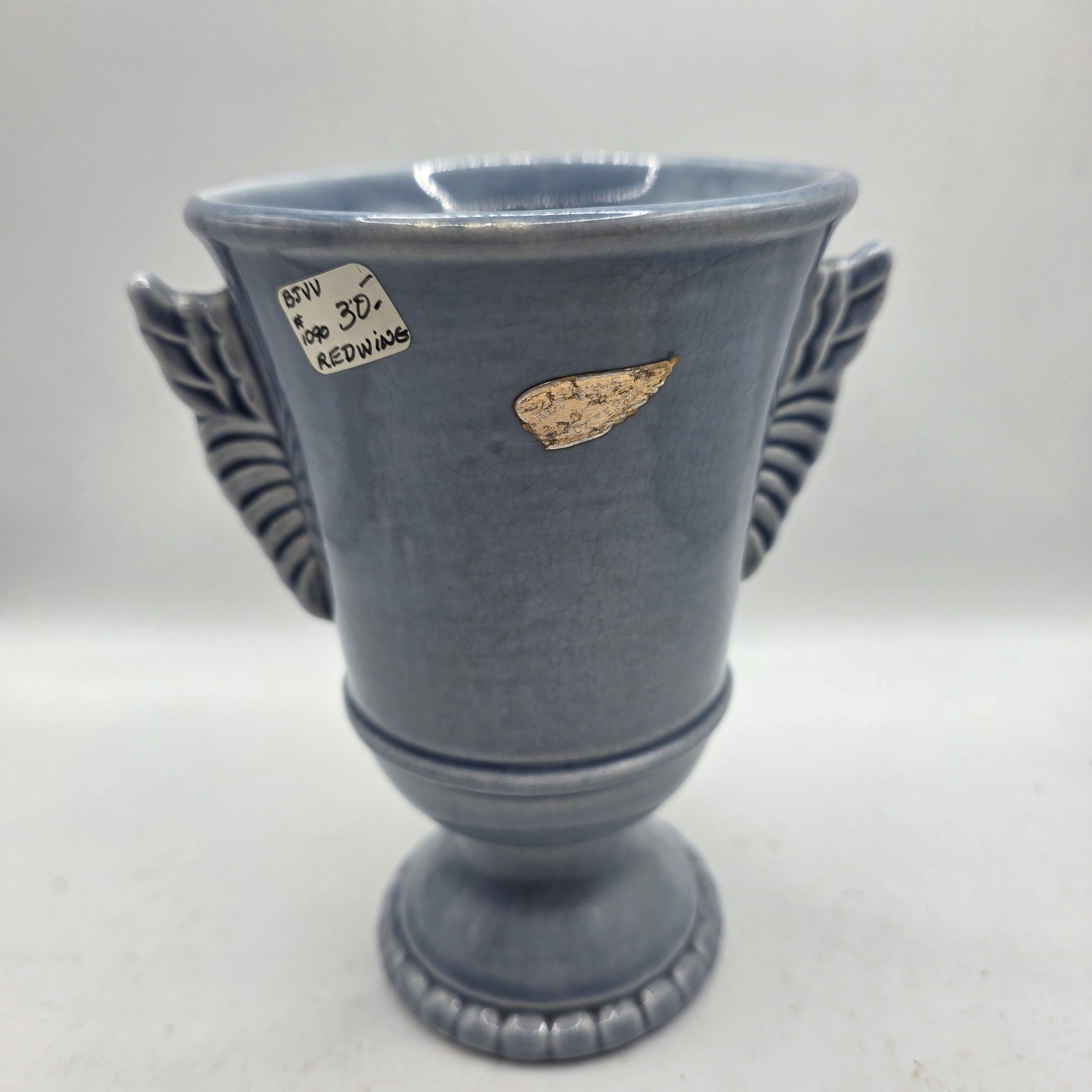 Vintage Red Wing Pottery Blue Winged Urn Vase 1090 Mid Century Modern Art Deco