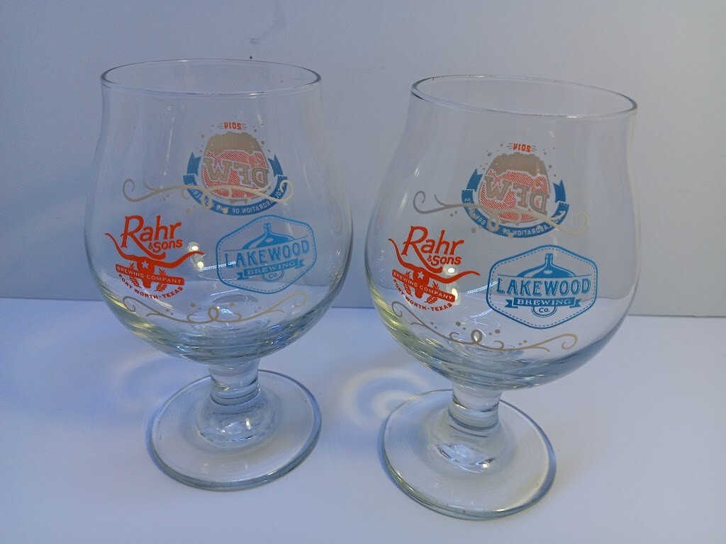 2X Lakewood Brewing/ Rahr Sons Brewing Company Beer Logo Glass Texas