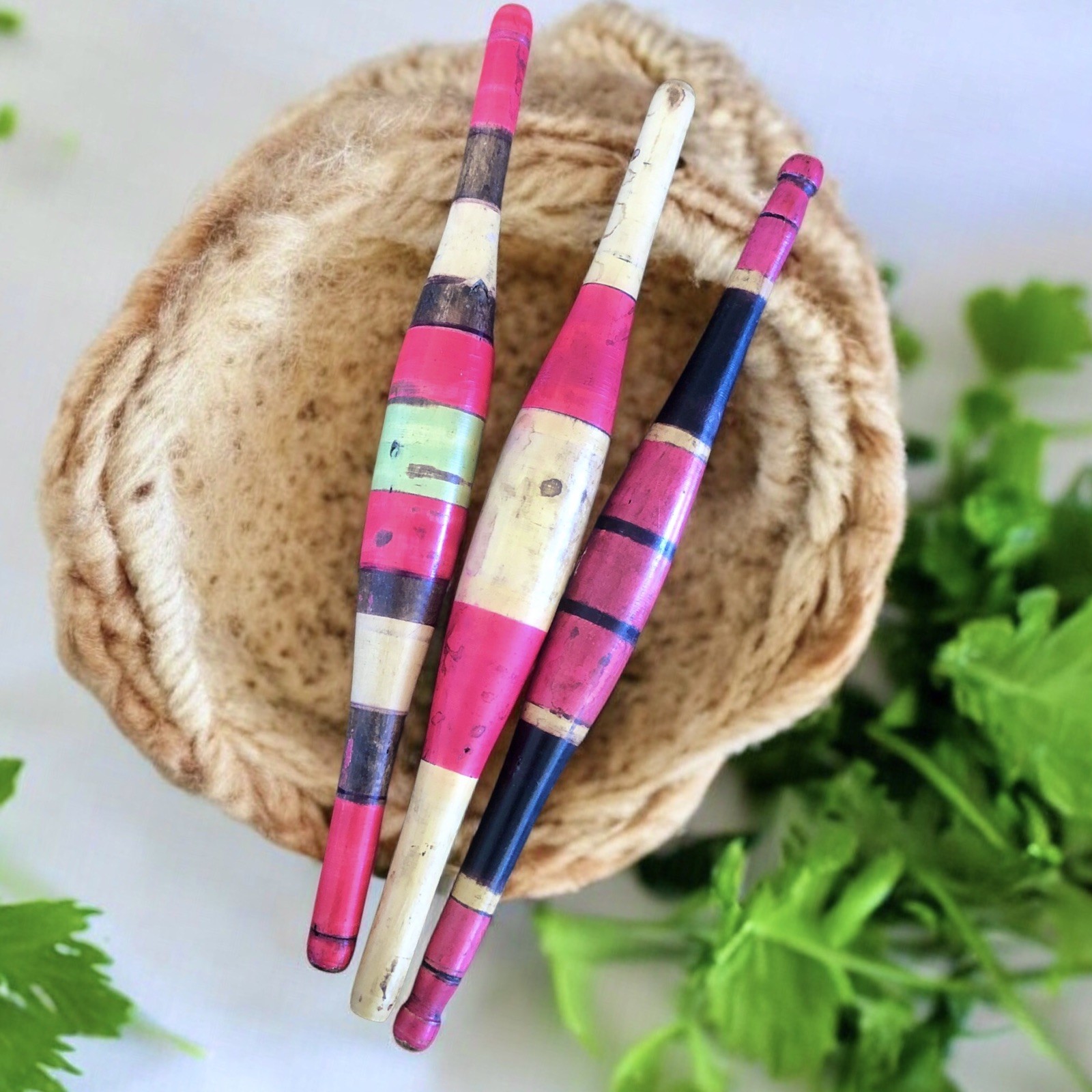 3 Vintage Wooden Chapati Bread Rolling Pins Hand Carved Colorful Striped￼ Belans