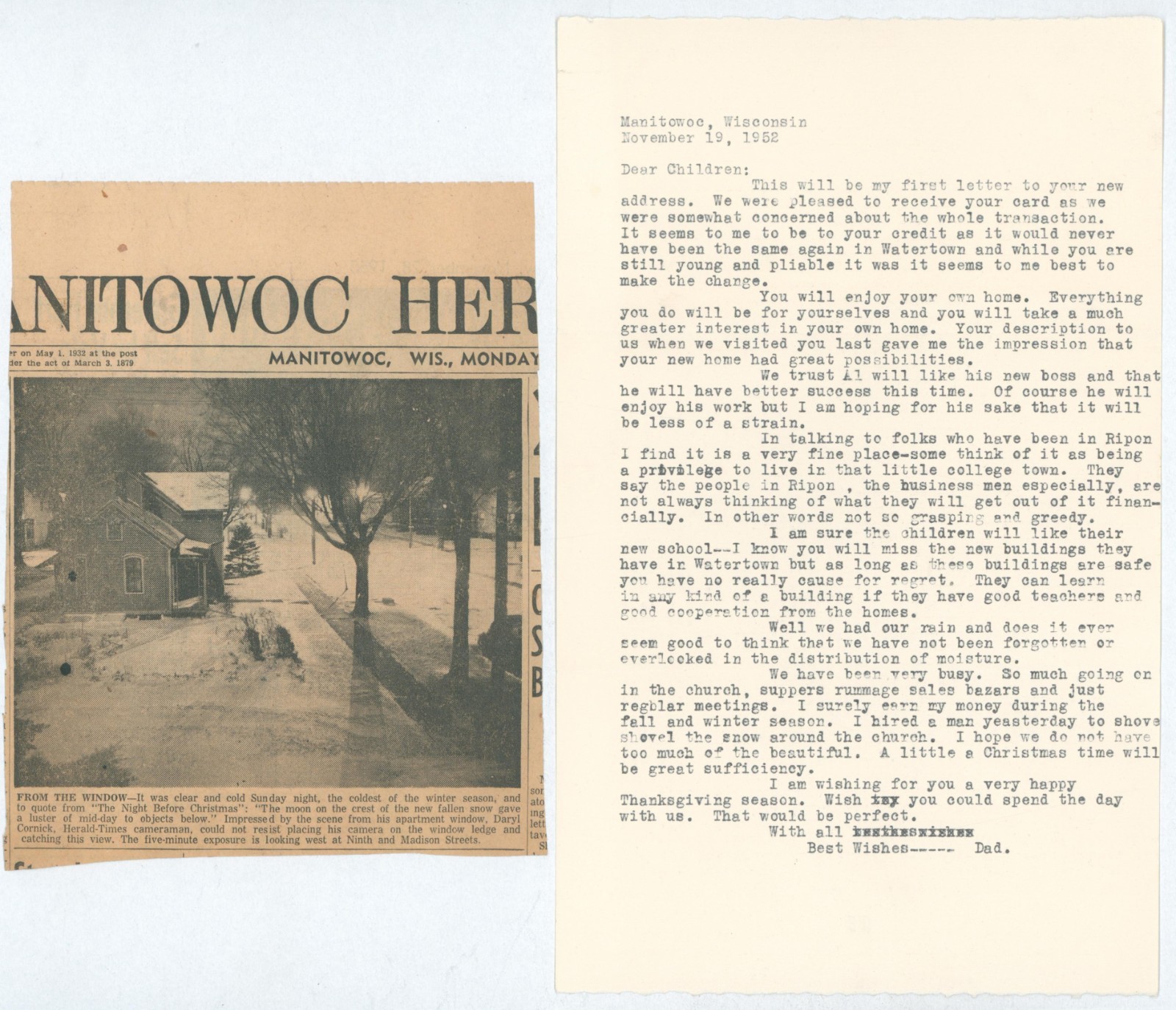 1952 Wisconsin Family Letter Manitowoc Ripon Watertown Newspaper Snow Clipping