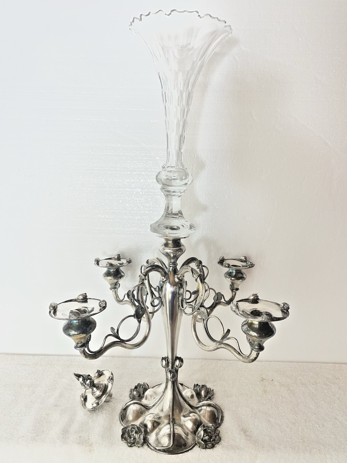 Antique Silverplate 5 Arm Epergne Candelabra Interchangeable Glass Trumpet 25