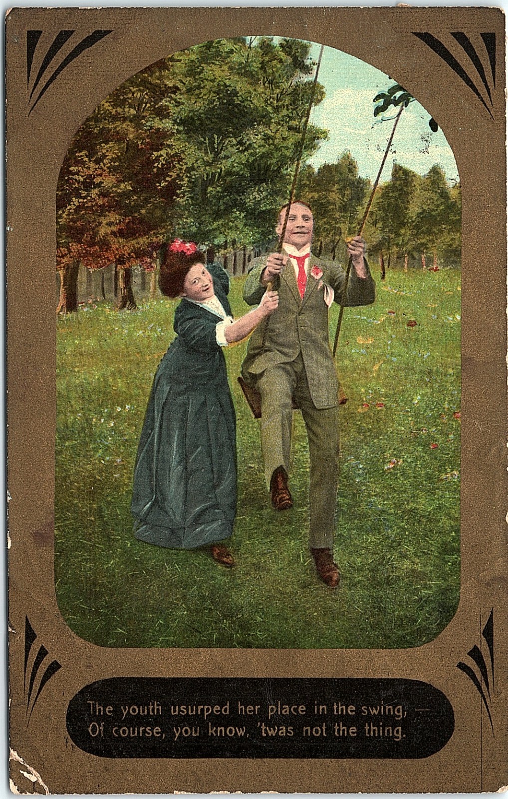 Vintage Postcard 1911 The Youth Usurped Her Place In The Swing Romance Card