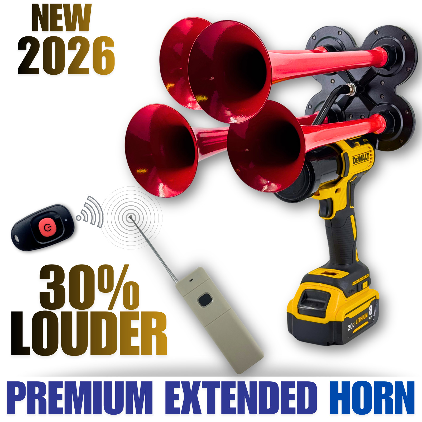 DeWalt Premium Red Train Horn, Long Range (2000ft) Remote, Extended Trumpets