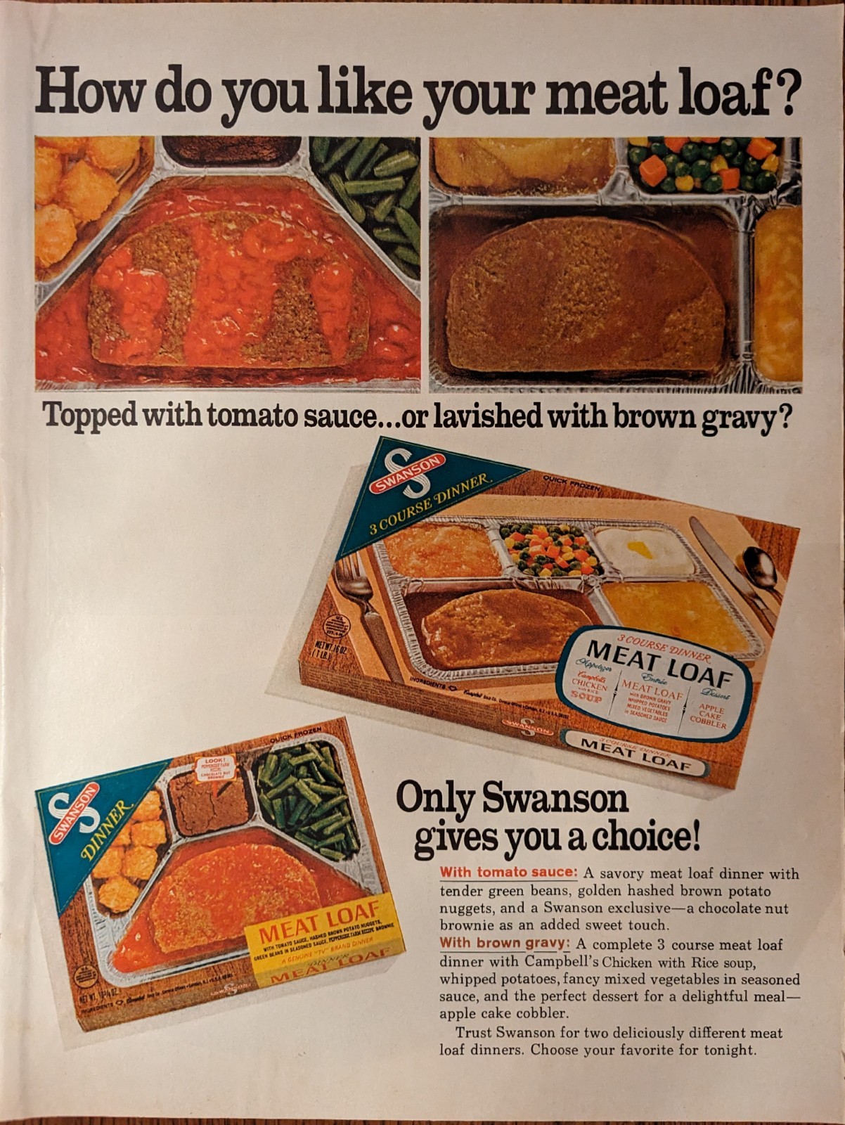Swanson Meat Loaf Frozen Dinner Vintage 1969 Folio Food Print Ad