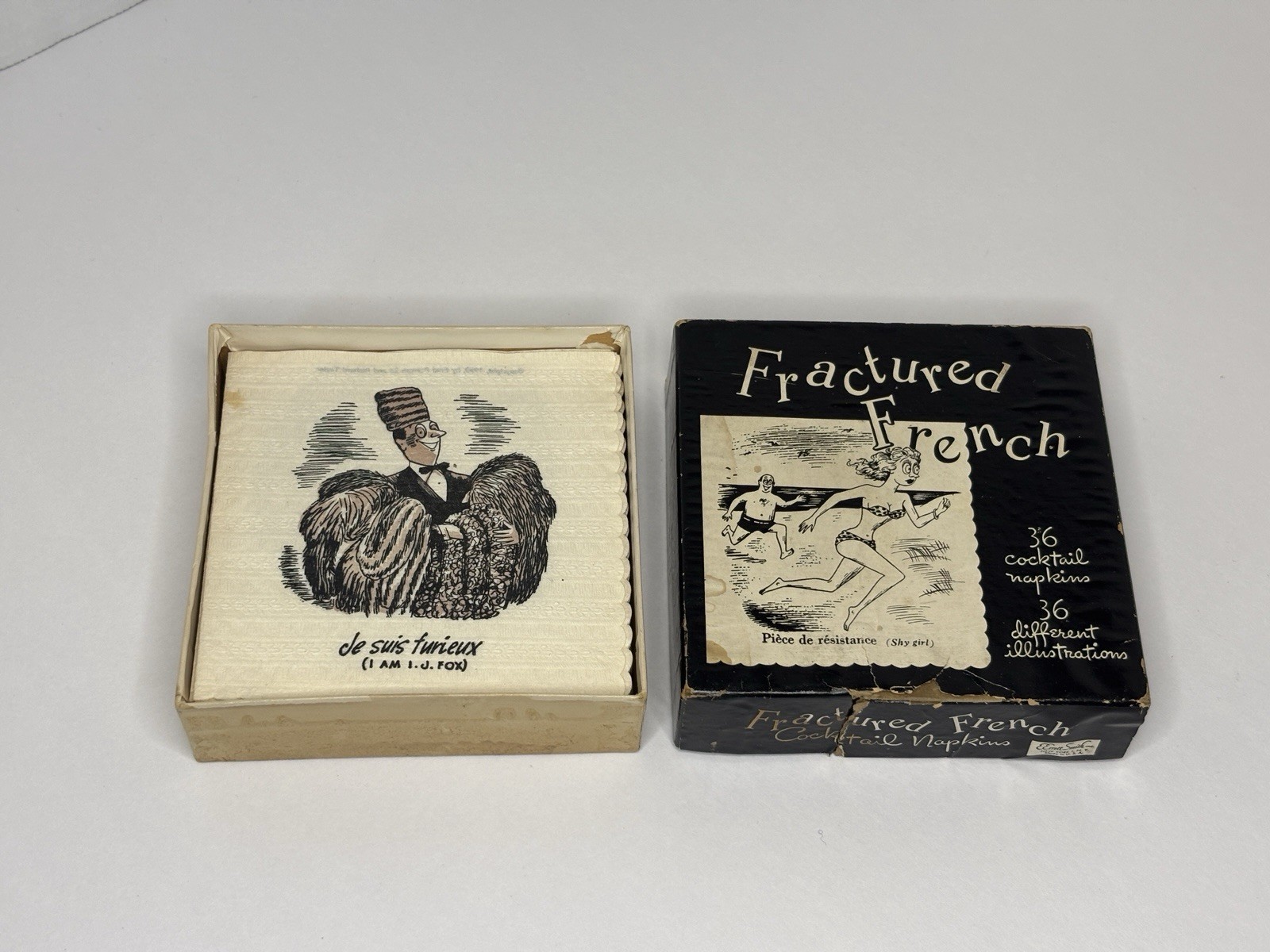 Vintage Circa 1950s Fractured French Cocktail Napkins, MCM, Funny, Humor, Risqué