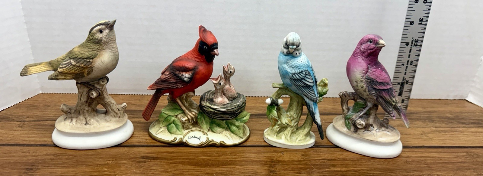 Lot Of (4) Vintage Lefton Porcelain Birds Parakeet Cardinal Kinglet Finch KW3505