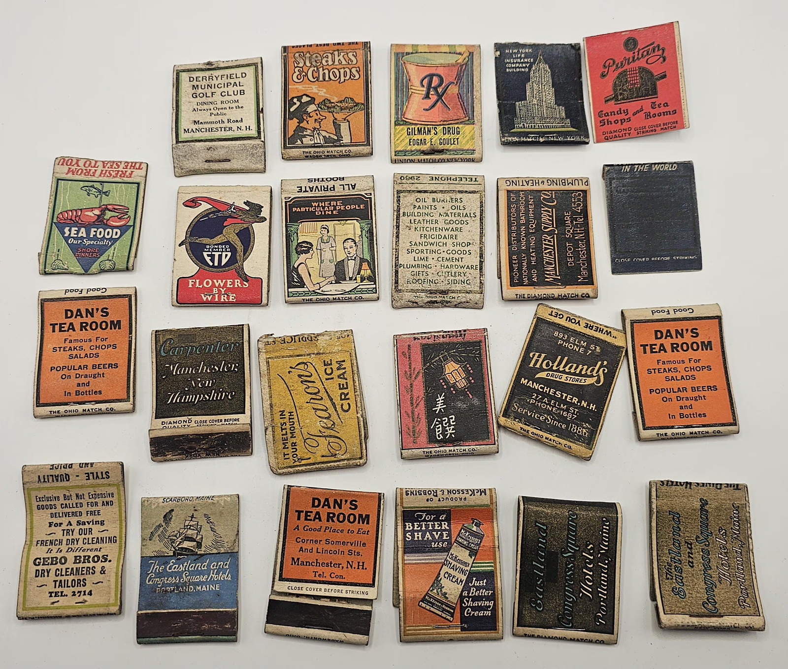 Vintage Manchester NH Matchbook Covers Lot of 21 1930s Derryfield Golf Club Fea