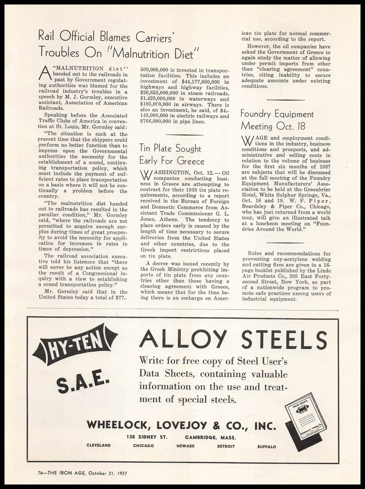 1937 Wheelock Lovejoy & Co Buffalo New York Hy-Ten Alloy Steels Vintage Print Ad