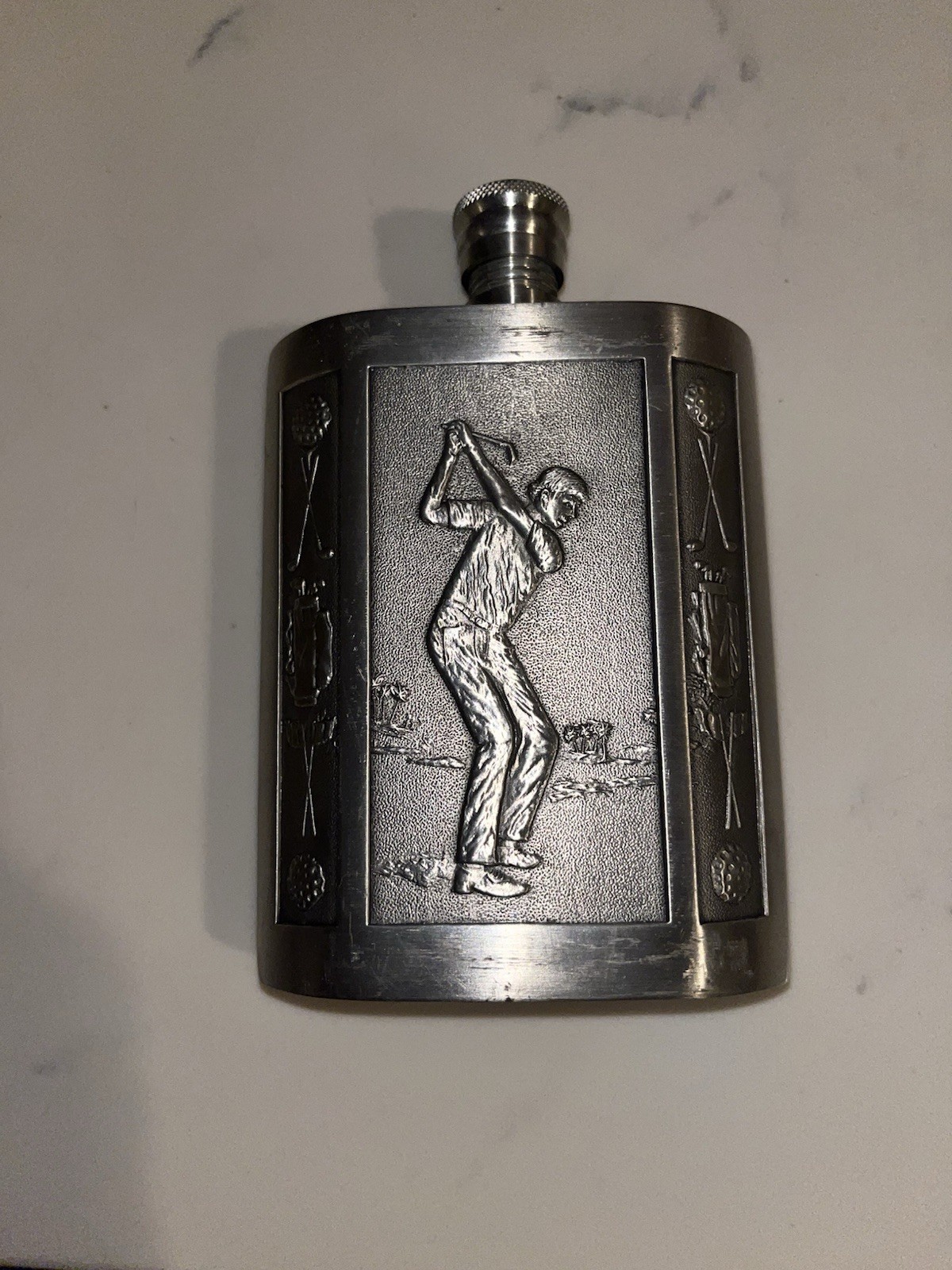 Vintage Silver Golfer Hip Flask Made In Thailand Pewter Metal