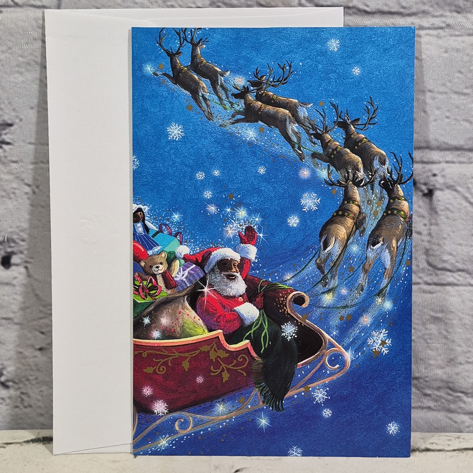 Vintage AGC Christmas Card African American Black Santas Sleigh Baobab Tree New
