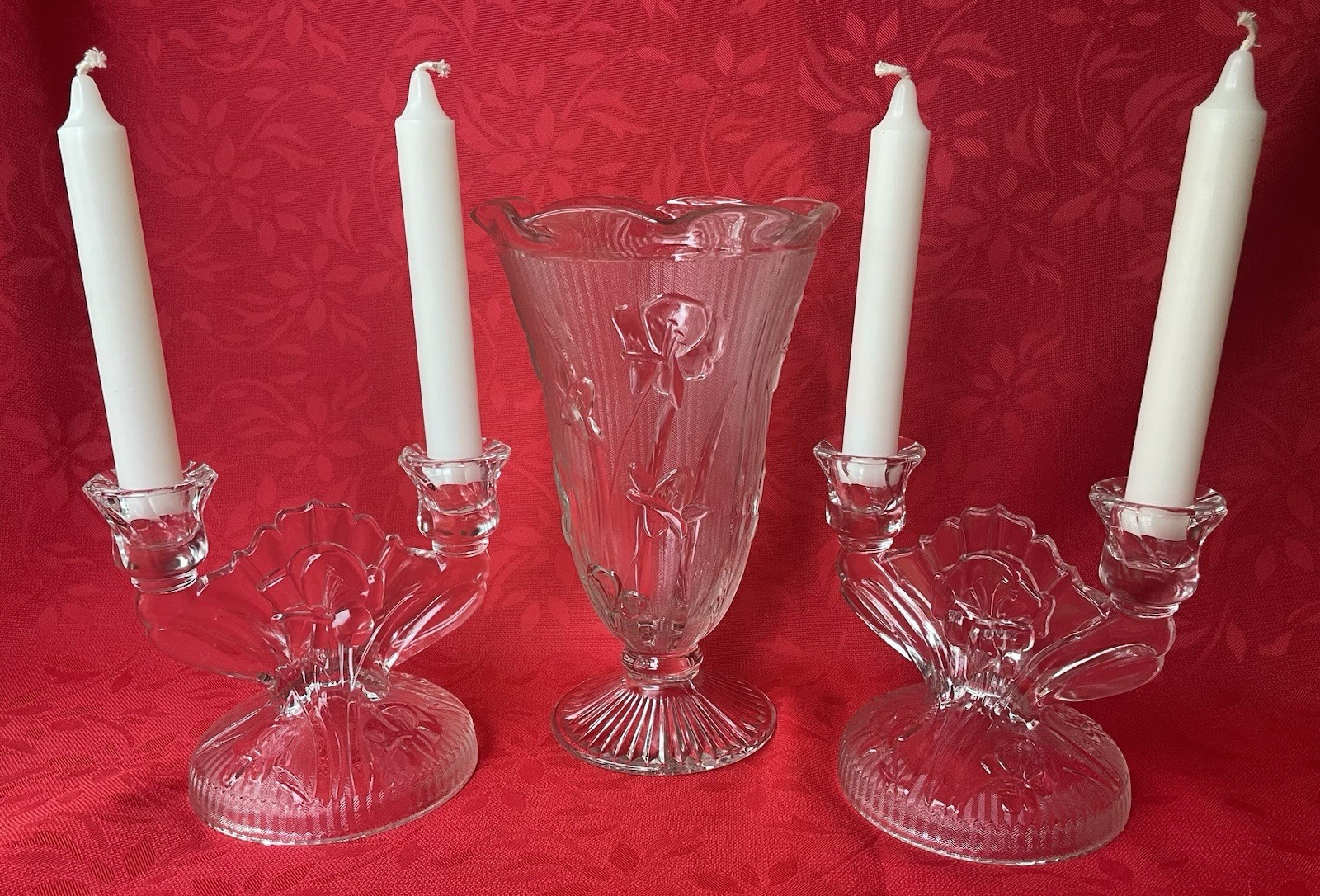 Iris & Herringbone Depression Glass 9” Vase & 2 Double Light Candle Sticks 