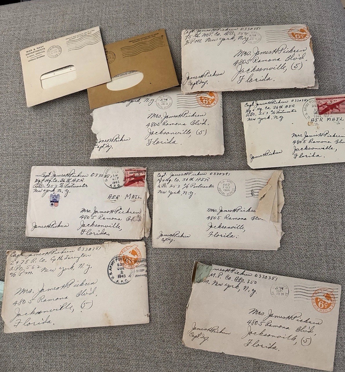 WWII Capt James H Pickren Letter Archive 1944-45 V-Mail Army Postal Covers Nine