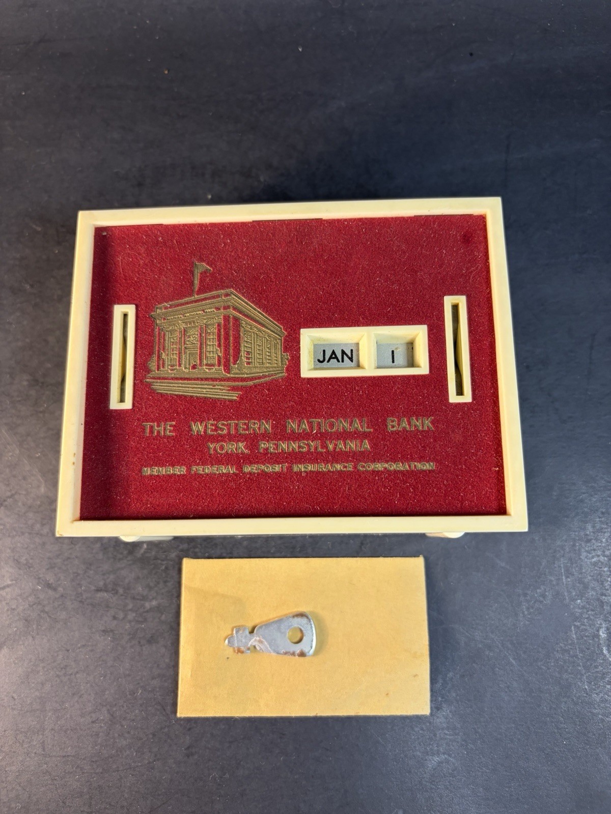 The Western National Bank York Pa. Metal Calendar & Coin Bank -with Key