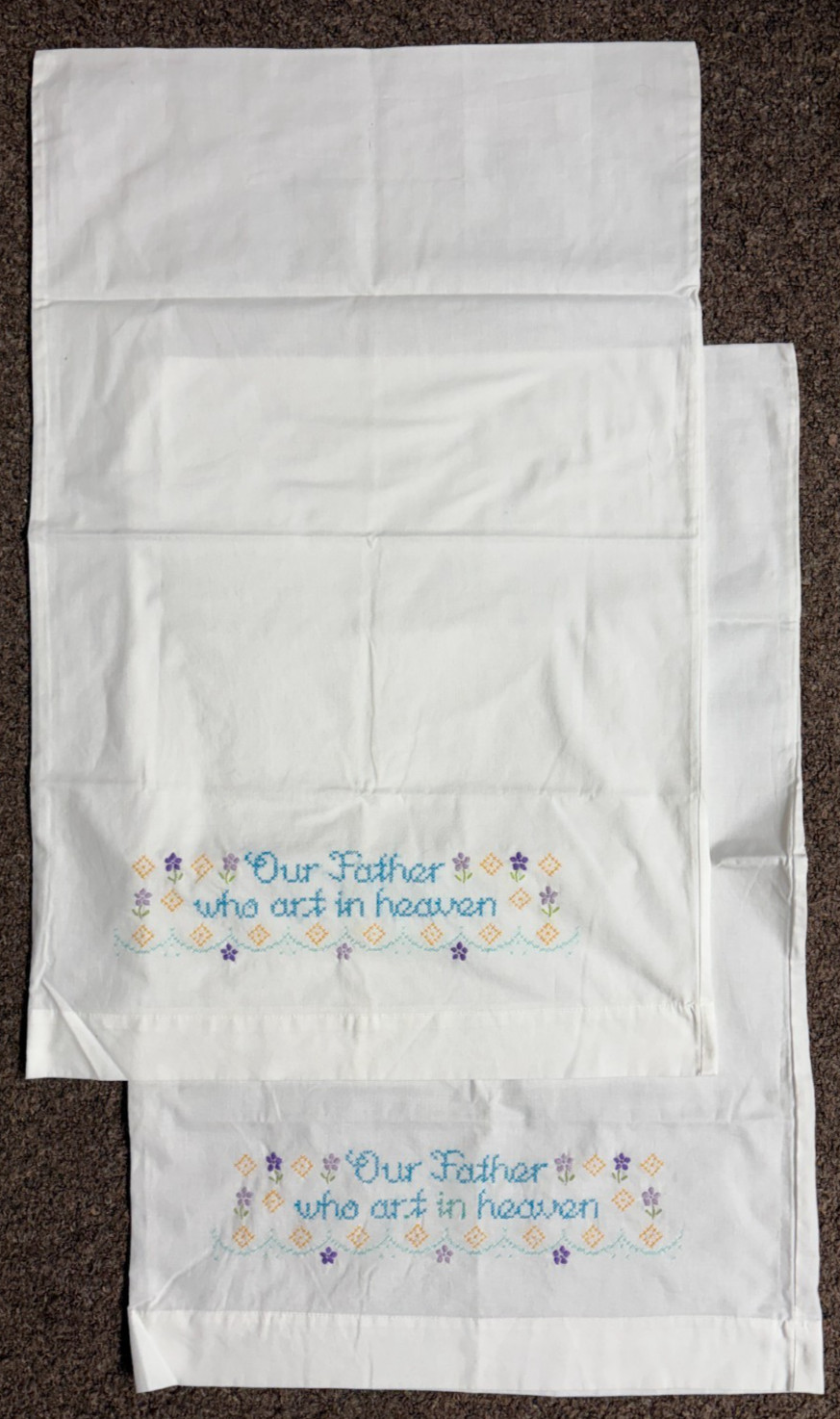 Vtg Hand Embroidered Pillowcases Pair Cross Stitch Our Father Who Art In Heaven