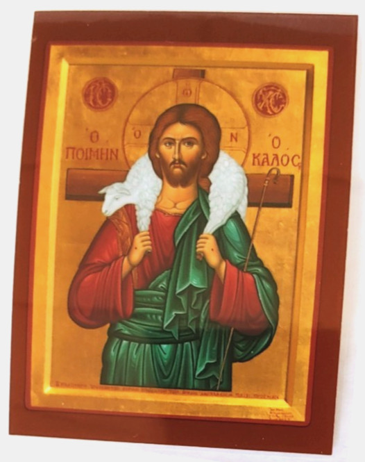 Christ The Good Shepherd laminated Greek icon prayer card 4x3 inch