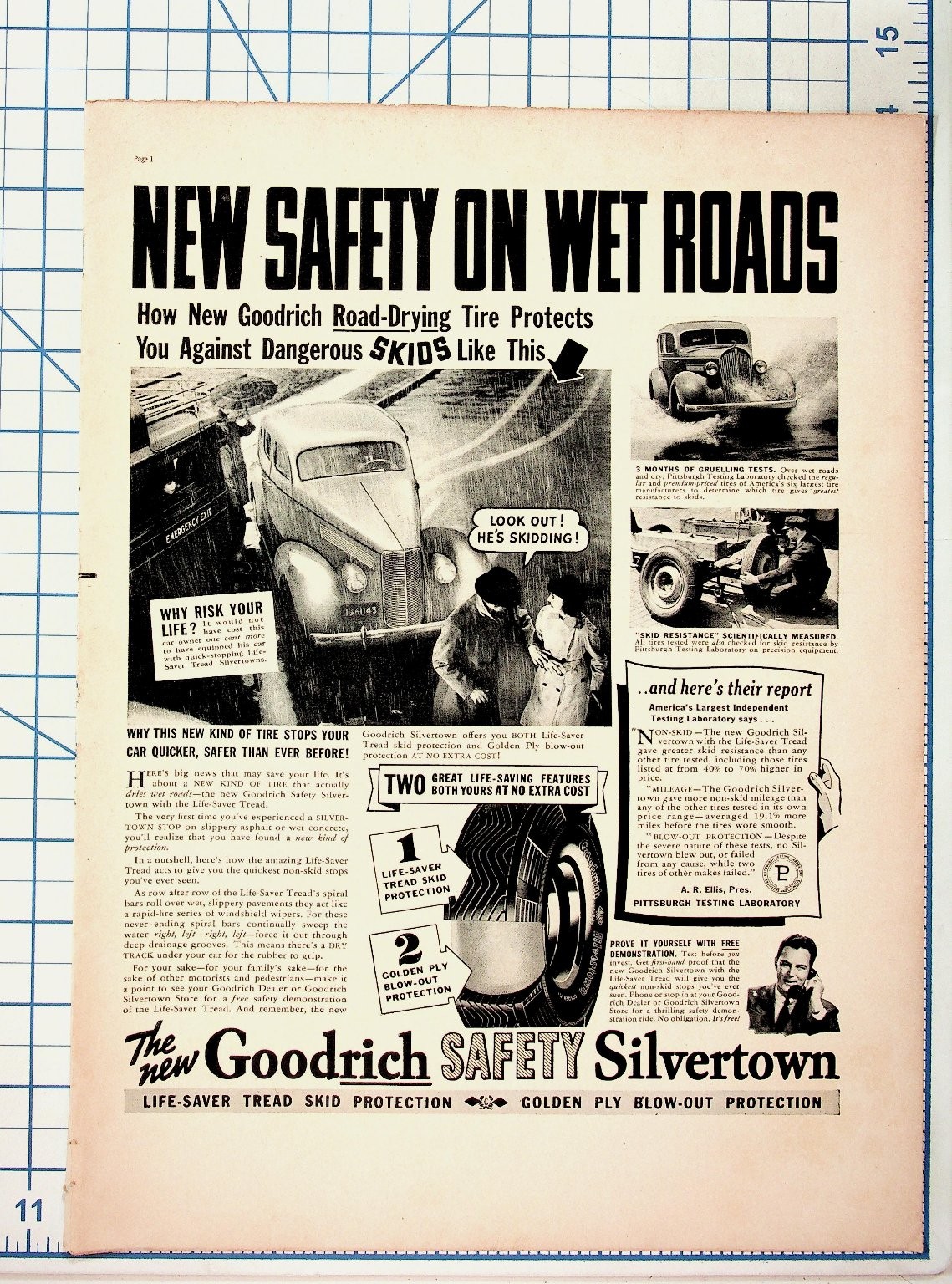 1930s Goodrich Safety Silvertown Tire Vintage Magazine Ad Skids Wet Roads