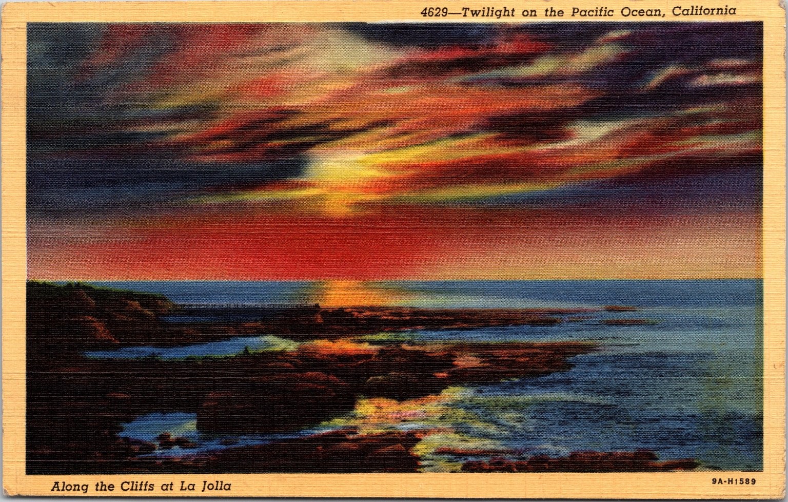 Vintage La Jolla Cliffs Twilight Pacific Ocean CA California Linen Postcard 1945
