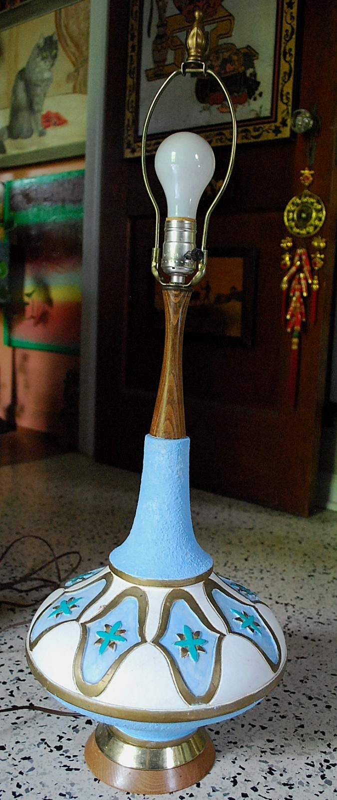 Vtg MCM UFO SPUTNIK ATOMIC TABLE LAMP Stucco Plaster TEAK NECK 31.5\